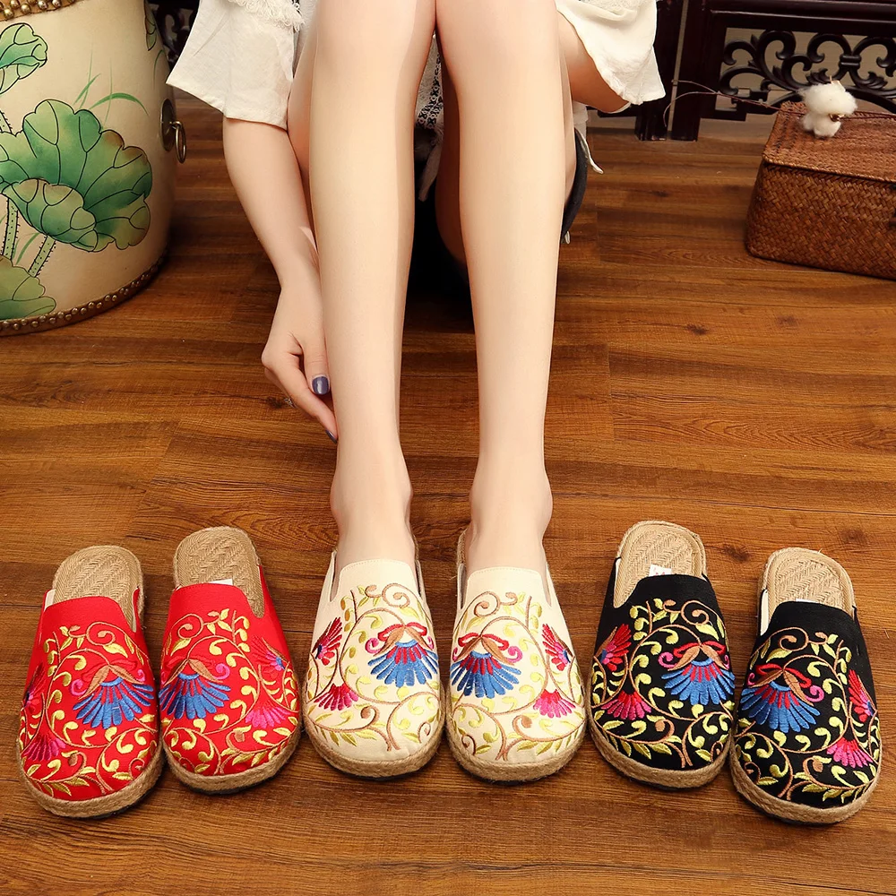 Veowalk Handmade Women Close Toe Linen cotton Slippers Summer Breathable New Embroidered Slides Ladies espadrilles Shoes