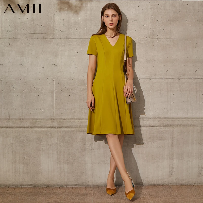 

Amii Minimalism Summer Dress Women's Mini Dress Fashion Solid Vneck Slim Fit Knee-length Female Summer Dress 12160003