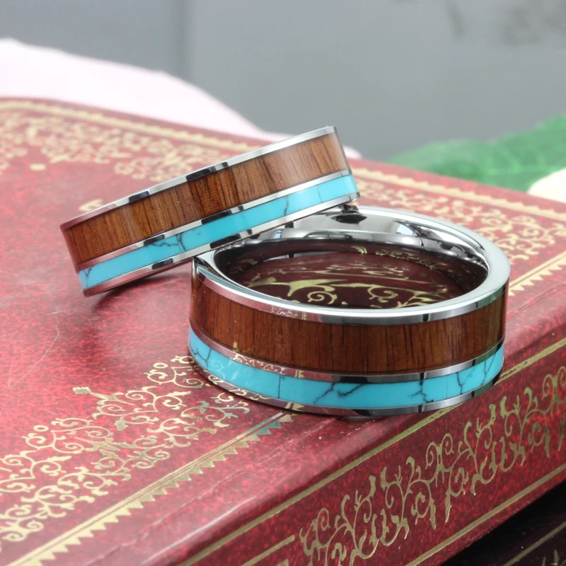 Fashion Acacia Wood and Turquoise Inlay Tungsten carbide Ring Wedding Band for Men Women Couples Polished Comfort Fit