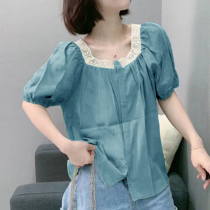 

Cotton Women Summer Shirts High-End Elegant Short Sleeves Blouses Temperament Square Collar Loose Mujer Blusas Tops MM0906