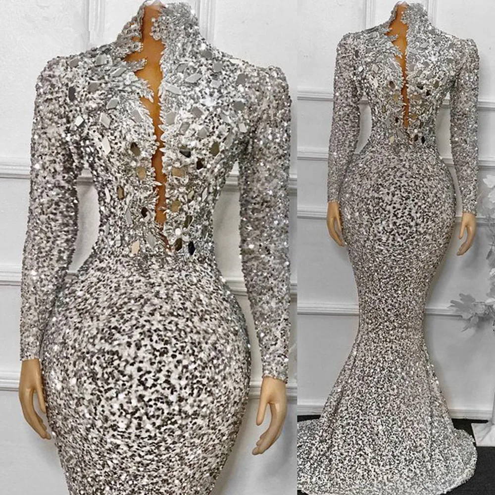 

Silver Robe De Soiree Mermaid Long Sleeves Sequins Sparkle Crystals Long Prom Dresses Prom Gown Evening Dresses