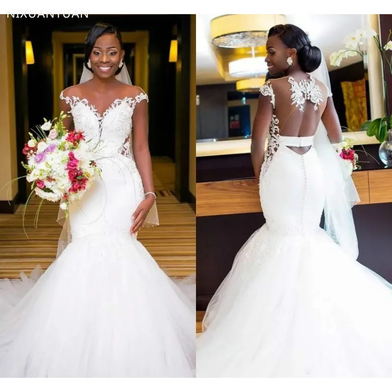 

2023 Africa Mermaid Wedding Dresses Sleeveless Appliques Modest Sweep Train Lace Bridal Gowns Plus Size Wedding Dress