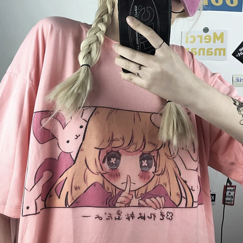 Cute Cartoon Sweet Girls Japanese Streetwear Harajuku Fun Pink Kawaii Casual Tops Ulzzang Vintage Loose New Summer Women T-Shirt