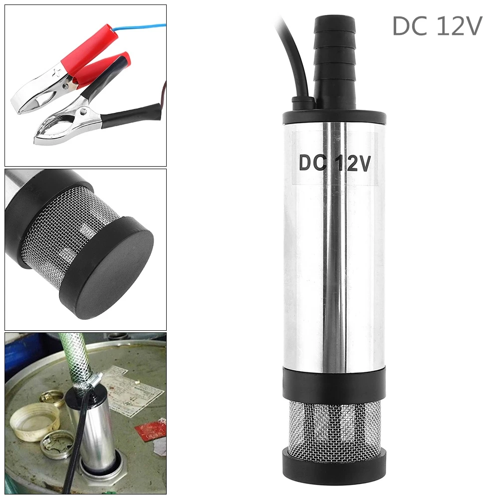 DC 12V 38MM Silver Portable Aluminum Alloy Car Electric Submersible Pump Fuel Water Oil Barrel Pump with 2 Alligator Clips