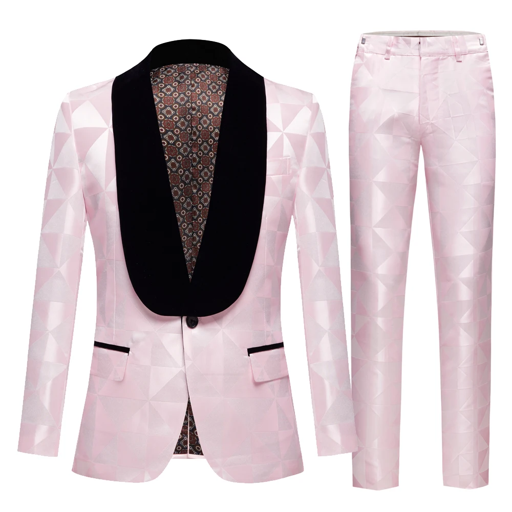 Men Pink Suits Black Lapel 2 Pieces Set Handsome Groom Wedding Tuxedos Slim Fit Formal Business Male Blazer Pants Outfit