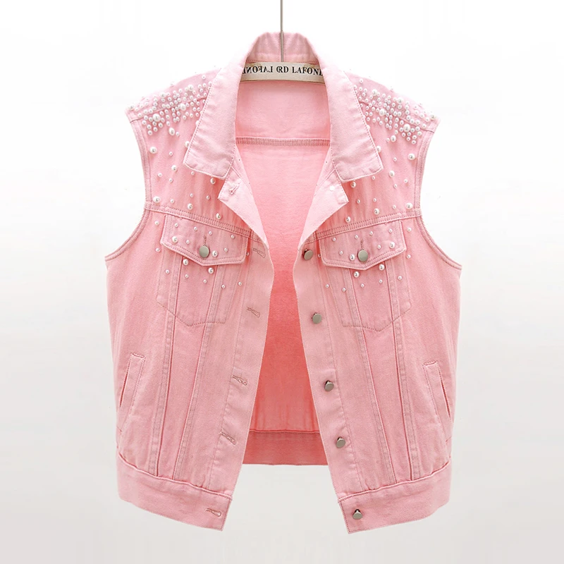 

Women Denim Vest Jacket 2024New Spring Autumn Jacket Hole Nail Bead Retro Denim Sleeveless Waistcoats Female Plus Size Coats