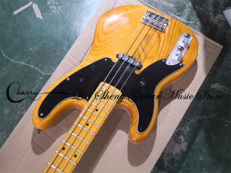 Left Hand Bass Guitar 4 String Tel Bass Yellow Ash Body Maple Wood Fixed Bridge Black Pickguard