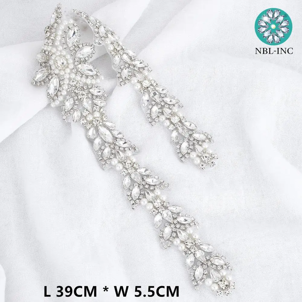 (30PCS) Wholesale hand beaded bridal silver crystal rhinestone applique belt iron on sew on for wedding dress WDD1087