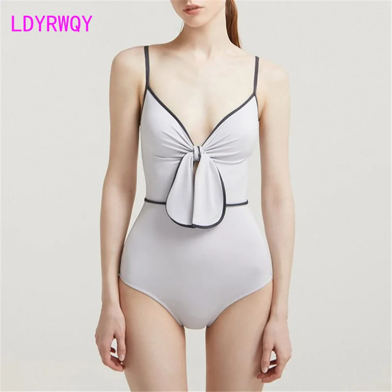 2021 new bow knot one-piece bikini women ins wind retro sexy slim high waist swimsuit women