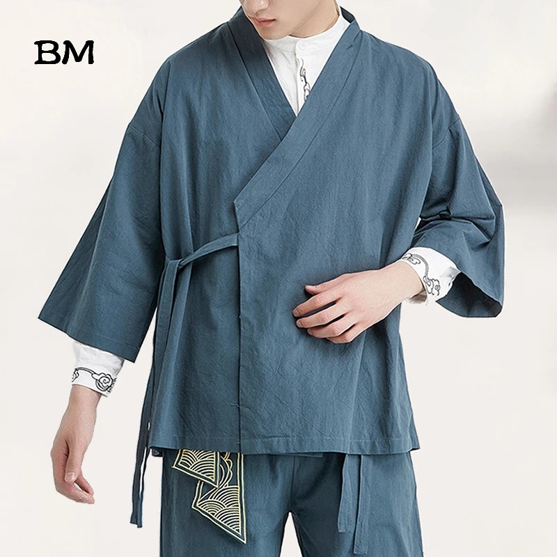 2020 Summer Chinese Style Linen Jacket Hanfu Men Costume Suit Loose Large Size Cotton Linen Retro Style Tang Suit Robe Male