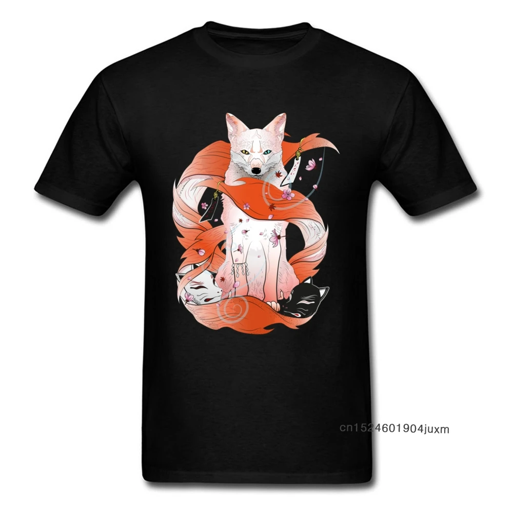 Red Kitsune T-Shirt Men Black Fox Tshirt Japan Style Tops Mask God Anime Print Tee Shirts Slim Fit Cotton Clothes Cheap Sweater