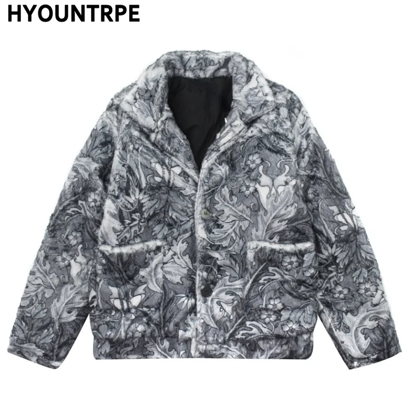 Men Hip Hop Skulls Harajuku Printed Fleece Jackets Coat Hairy Buttons Loose Outerwears Warm Stand Collar Thick Streetwear Parkas