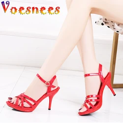 Stiletto Heels Sandals Women Shoes 2020 Summer Red Narrow Band Fine Heel Women Open Toe Plus Size Sexy women's Leather Shoes