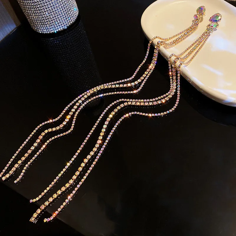 FYUAN Geometric Colorful Rhinestone Earrings for Women Oversize Long Tassel Crystal Dangle Earrings Statement Jewelry image 3