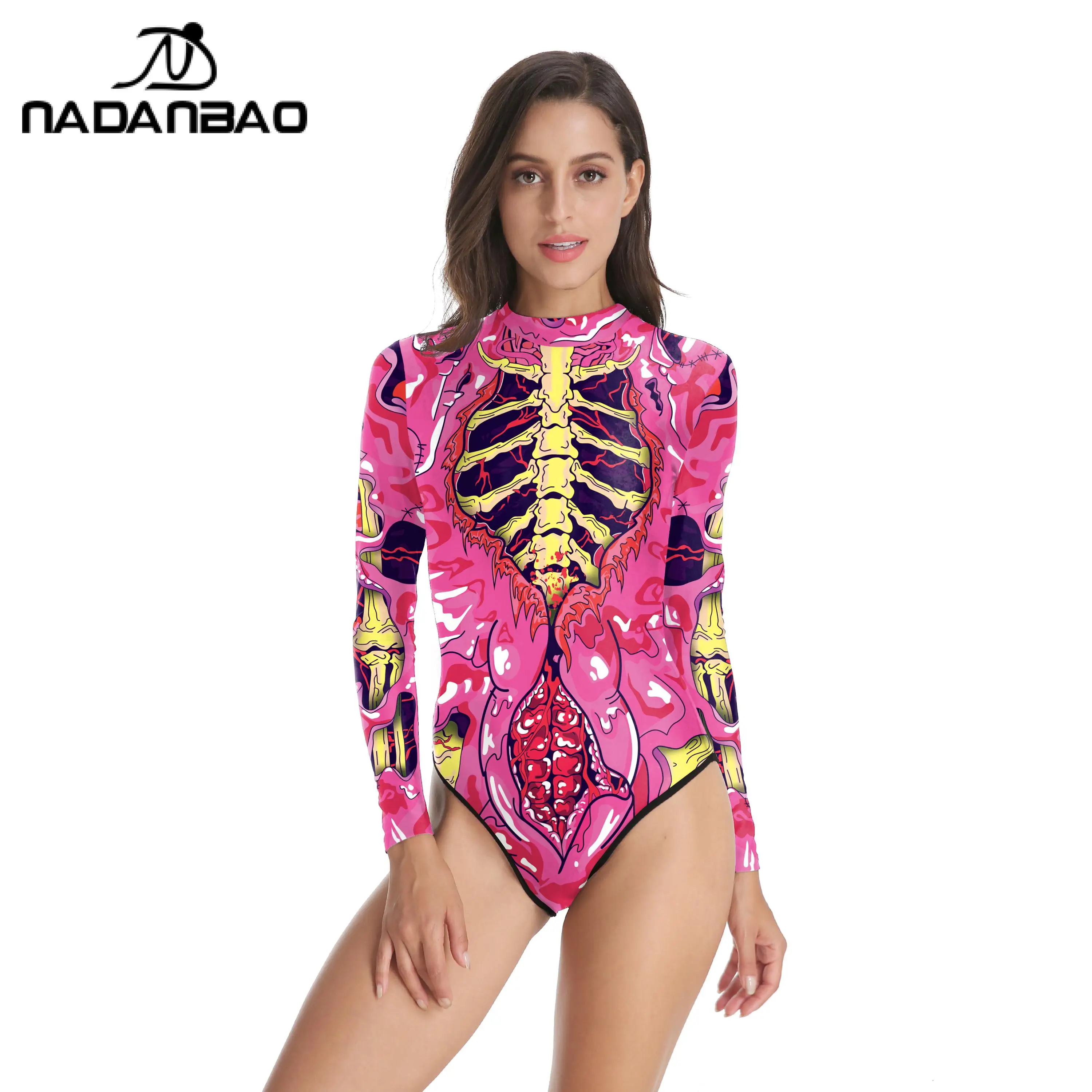 NADANBAO Skeleton Anime Print Swimsuits Women Sexy Beachwear Bathing Suits Long Sleeve One Piece Slim Swimwear Wear New