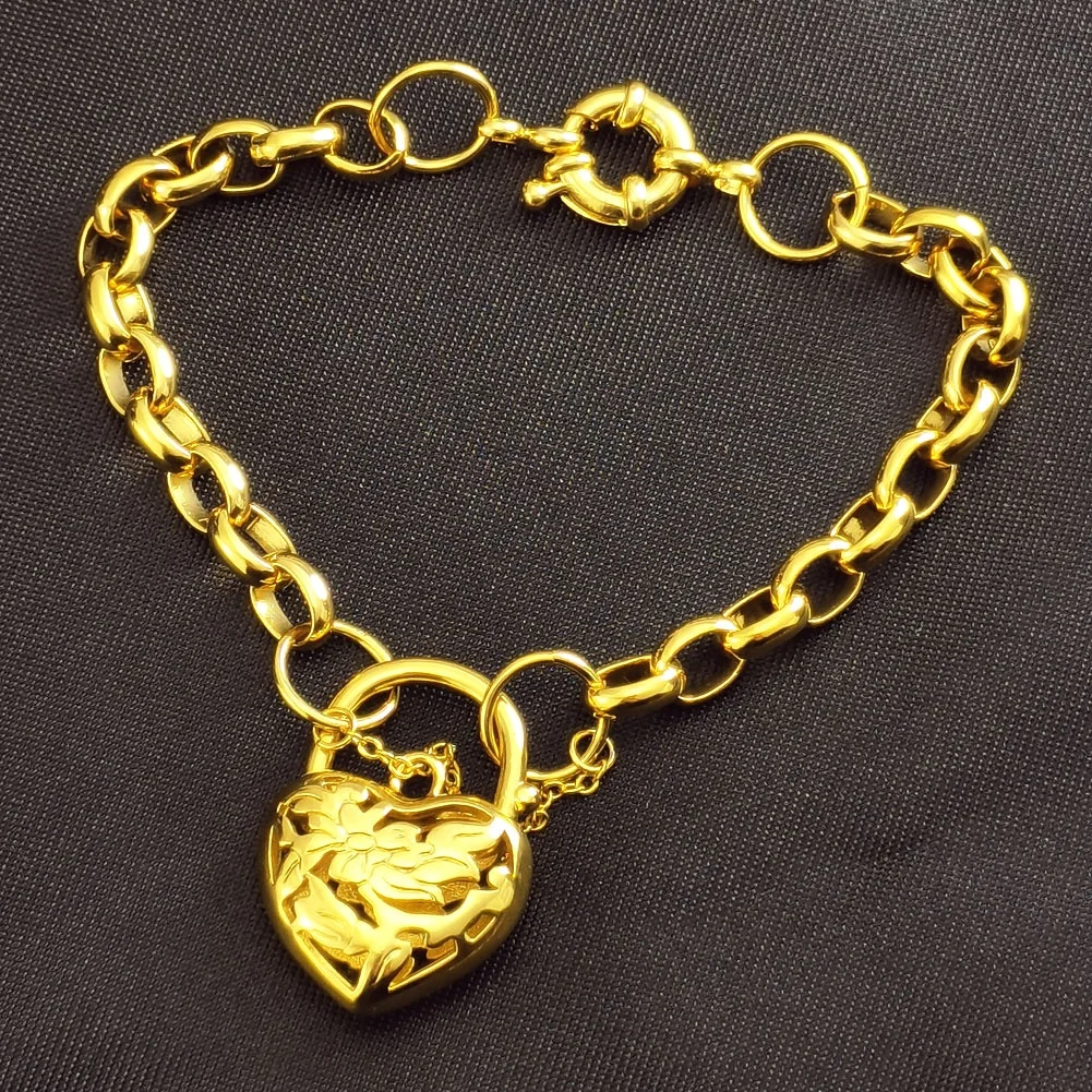 18k Gold Plated 4mm Chain Width Heart Belcher padlock womens solid bracelet jewllery