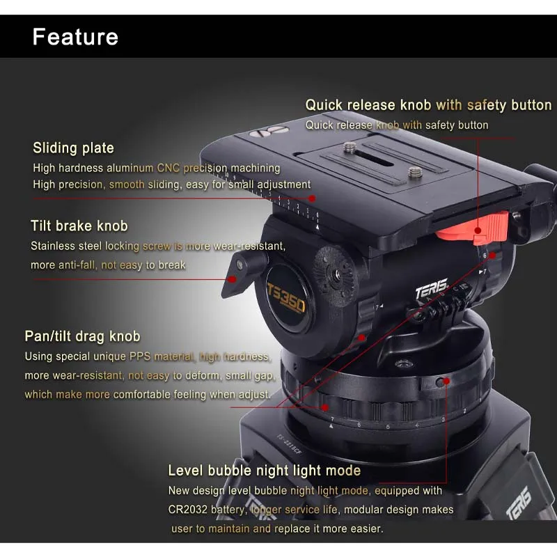 Teris السائل رئيس 100 مللي متر رئيس المناسب 30 كجم حمولة للكاميرا ترايبود معدات التصوير المهنية TS100 TS120 TS150 TS300