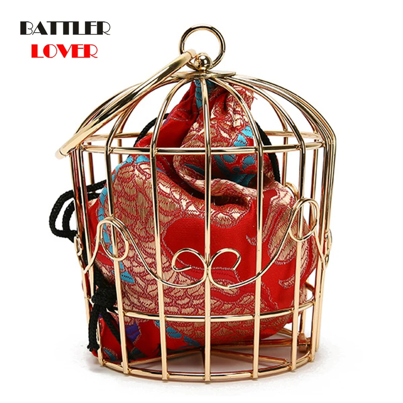 Women\'s Birdcage Evening Bag Clutch Metal Frame Embroidery Bucket Bird Cage Mini Totes Ladies Purses Female Gold Tassel Handbags