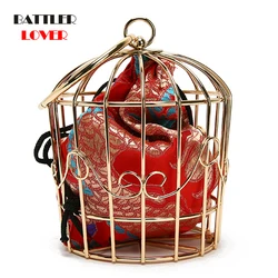 Women's Birdcage Evening Bag Clutch Metal Frame Embroidery Bucket Bird Cage Mini Totes Ladies Purses Female Gold Tassel Handbags