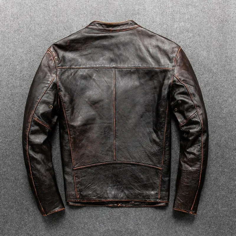 Vintage Classical Motorcycle Jackets Men Leather Jacket 100% Natural Calf Skin Thick Moto Jacket Winter Free Shipping