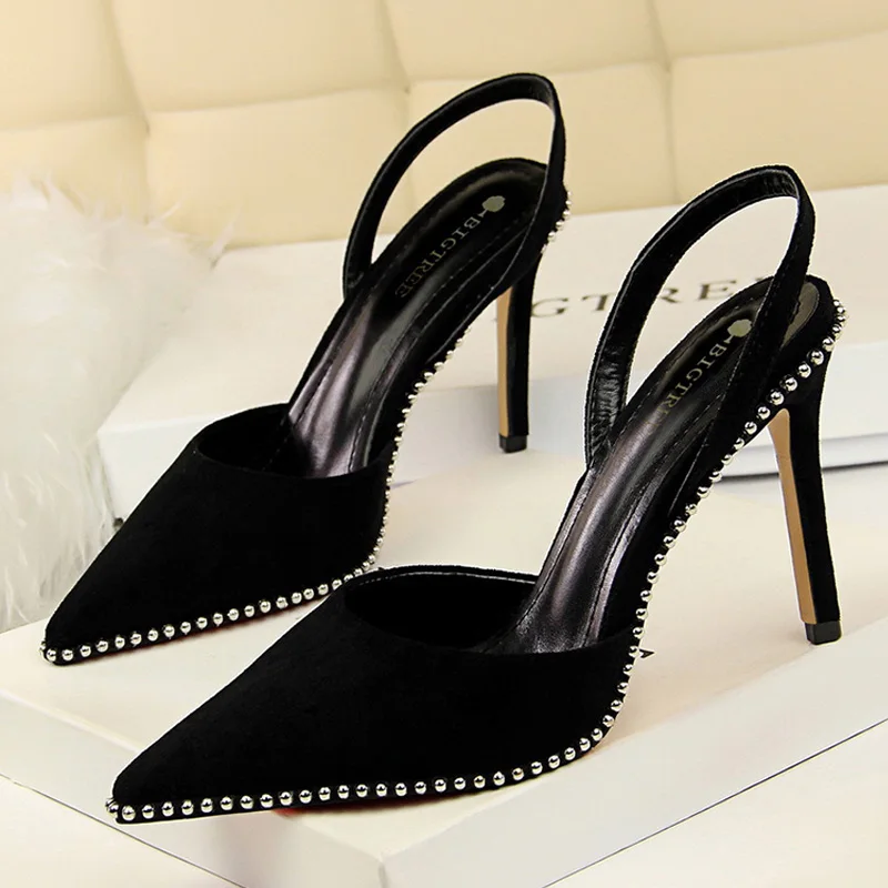 BIGTREE Shoes Rivet High Heels Woman Pumps Pu Leather Women Heels 9cm Sexy Party Shoes Black Red Apricot Wedding Shoes Female