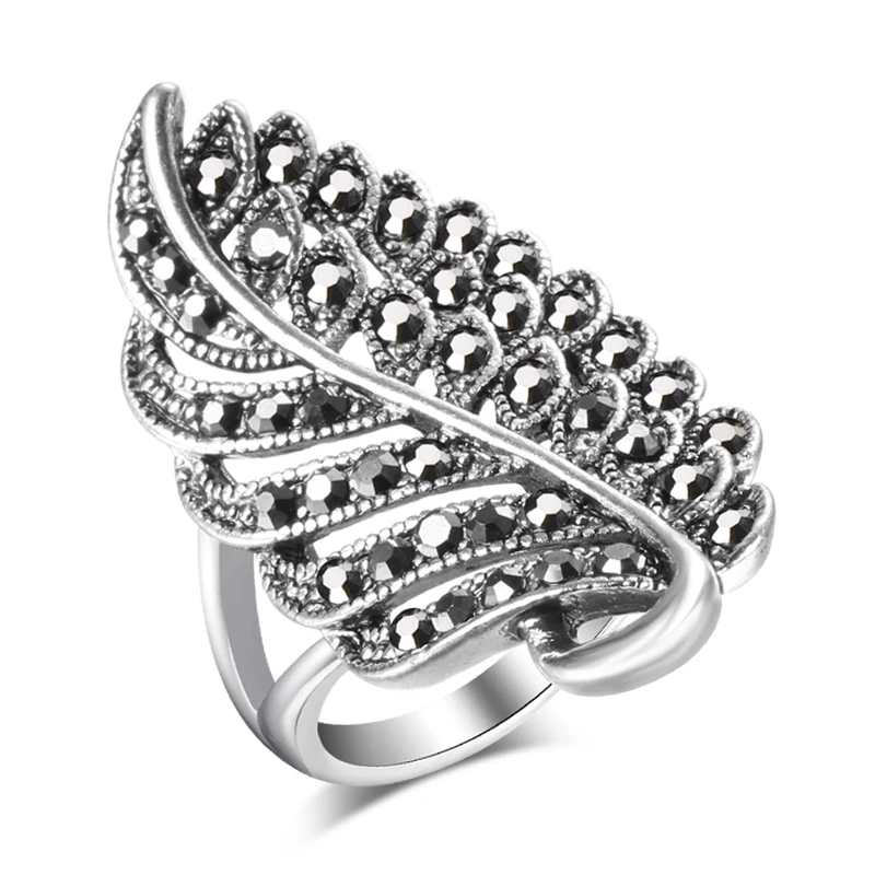 Wbmqda Vintage Leaf Shaped Black Stones Long Big Rings Tibetan Silver Wedding Ring For Women Fashion Jewelry