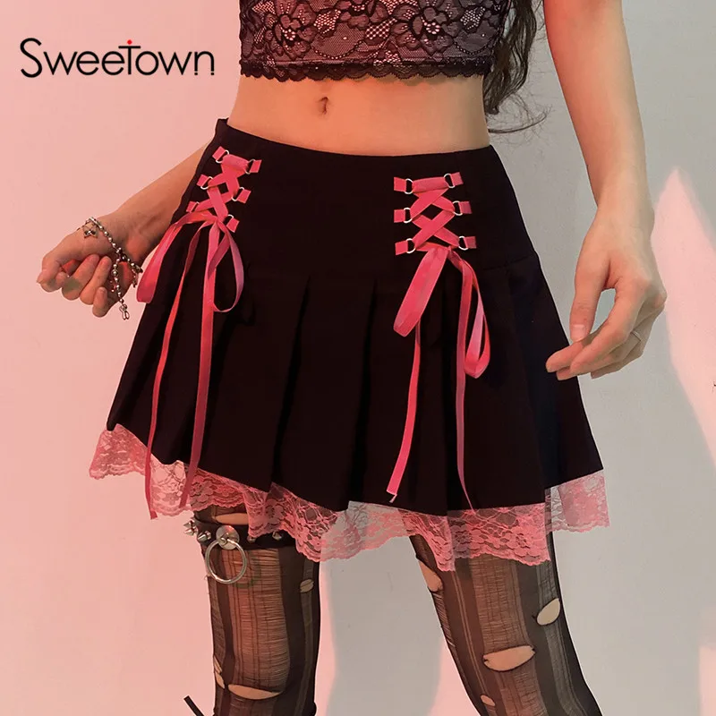 Sweetown Lace Up Goth New Pleated Skirt Woman Punk Style Dark Academia Aesthetic Vintage 90s Streetwear Black Dance Mini Skirts image 2