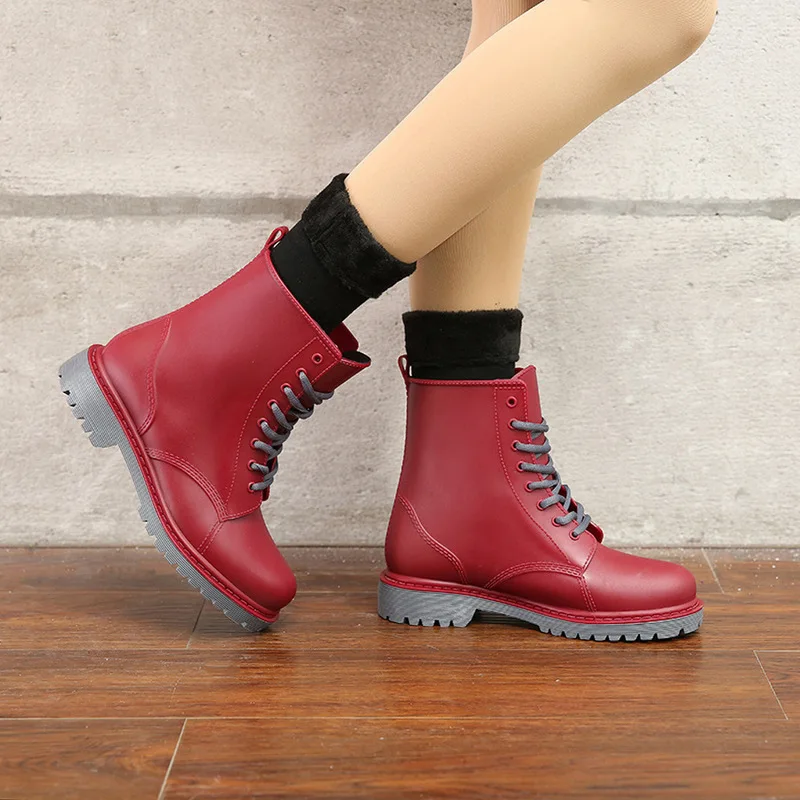 Women\'s Rainboots Waterproof Rain Shoes Platform Woman Mud Water Shoes Rubber Lace Up PVC Ankle Boots Sewing Rain Boots