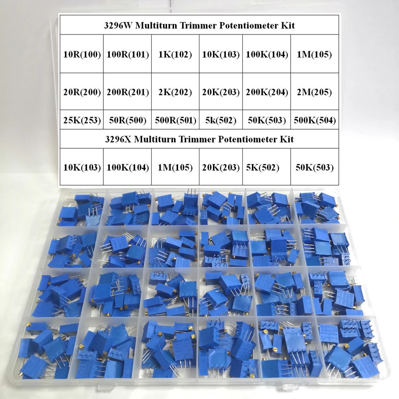 

240Pcs 3296W 3296X (50R - 1M) 24 values Multiturn Trimmer Potentiometer Kit High Precision 3296 Variable Resistor With Free Box