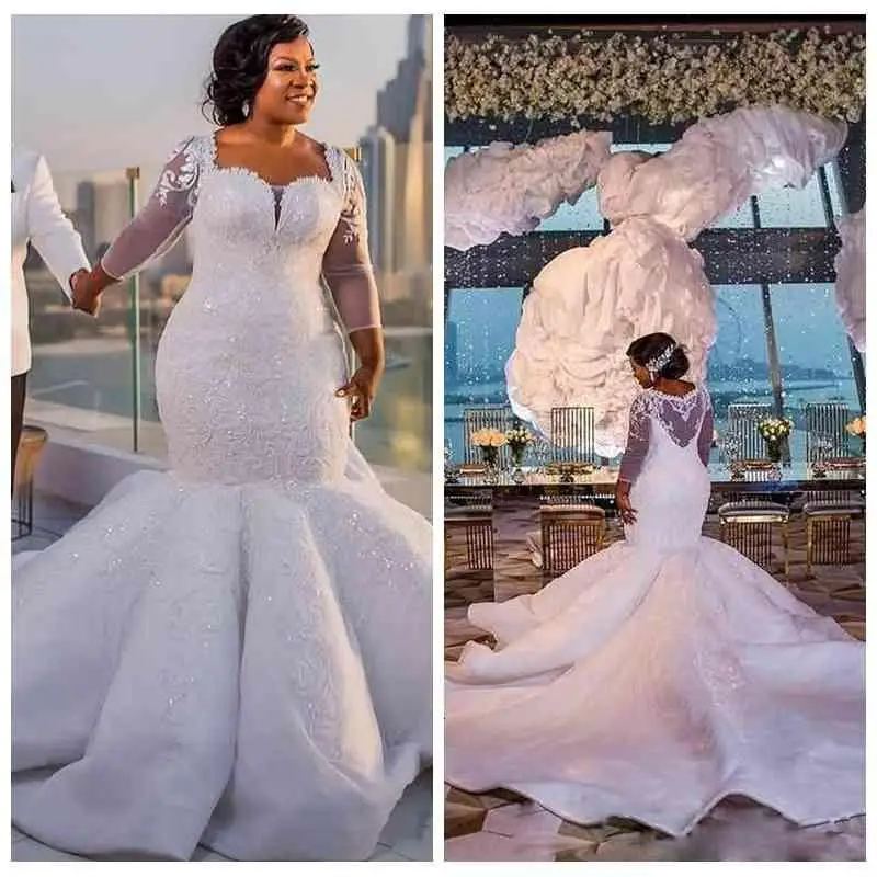 

Customized South African Mermaid Wedding Lace Appliques Plus Size Sheer Long Sleeves Bridal Gowns Satin Chapel Train Vestidos