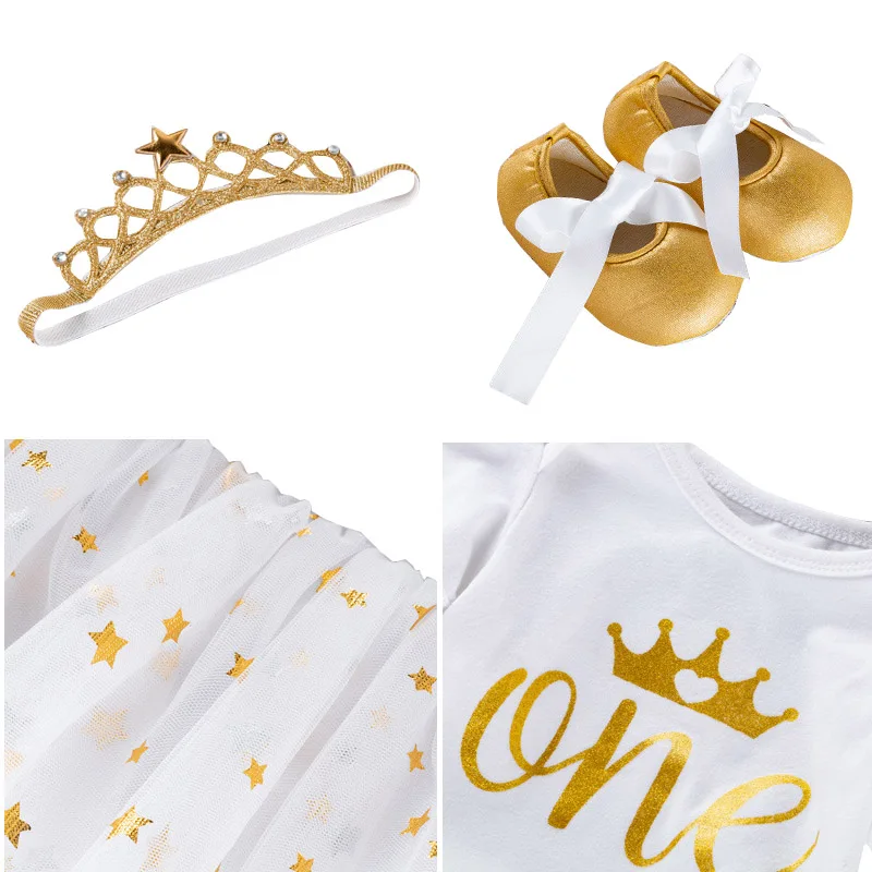 Golden Shiny Star Mesh Dress for Baby Girls First Birthday Crown White Cotton Gown Costume Toddler Girl 1 Years Princess Outfits