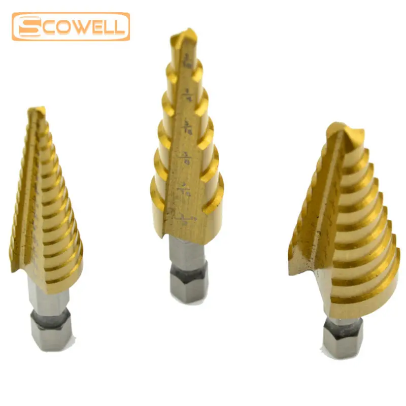 HSS 4241 Titanium Coated Step Drill Bit Spiral Groove Wood Drilling Bits 6/9/13 Steps 3/16 to 1/2 Inch Metric 4/8/14  4-32mm