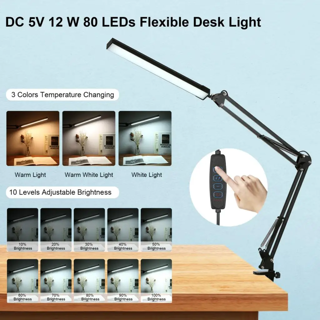 Foldable DC5V 12W 80 LEDs Desk Light Table Lamp USB Powered Operated 10 Levels Dimmable 3 Colors Desk Lamp for Home Office Daily