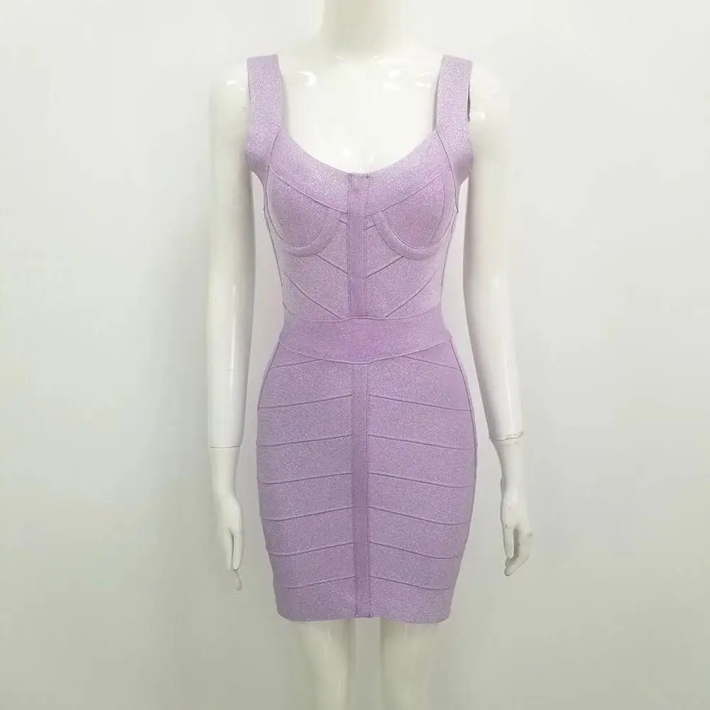 2024 New Summer Women Bandage Dress Vestidos Sexy Sparkly Celebrity Runway Party Dress V Neck Backless Purple Club Dress