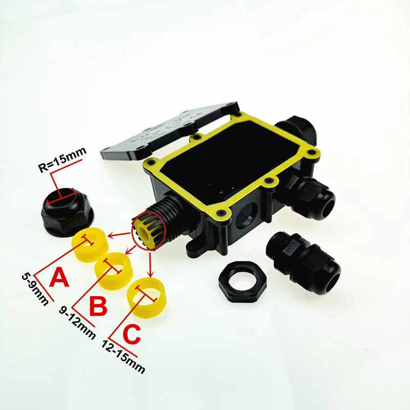 صندوق توصيل سلك مقاوم للماء موصل غدة كهربائي ، مانع الغلق ، خارجي ، طريقتان ، 3 طرق ، 24A ، V ، IP68 ، 6-12