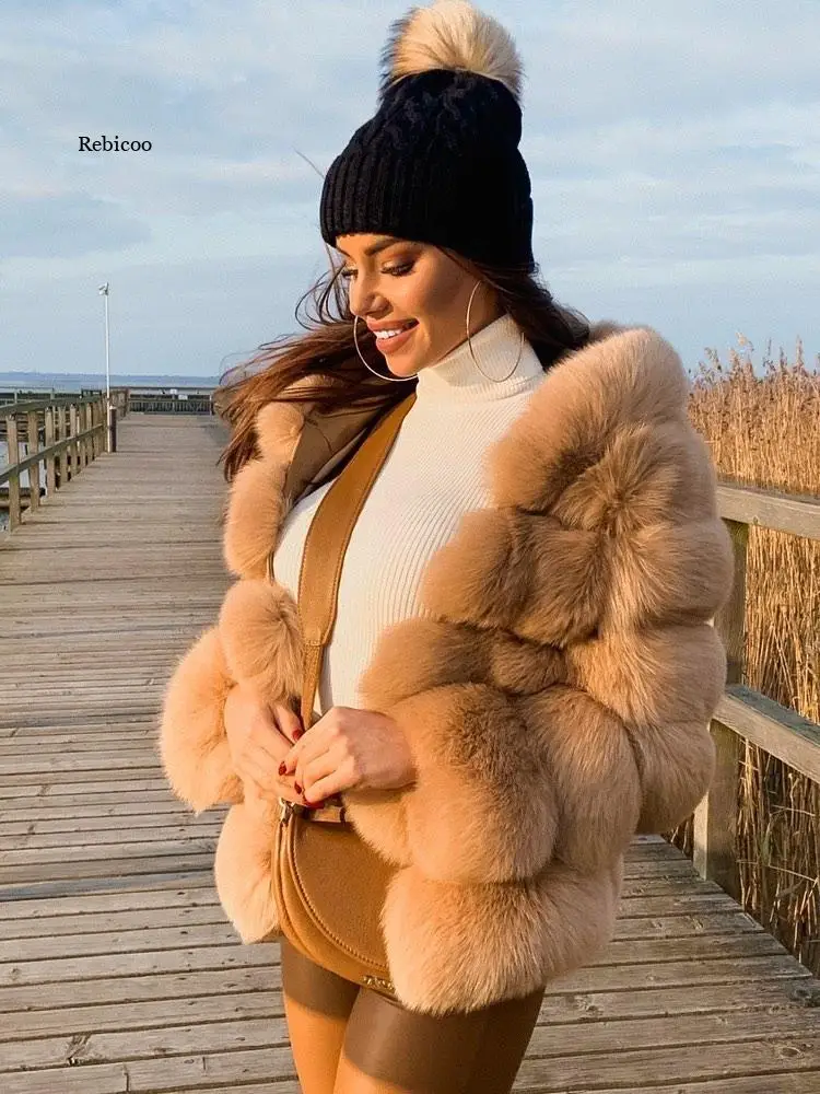 Winter Thick Warm Faux Fur Coat Women  Hooded Long Sleeve Faux Fur Jacket Luxury Winter Fur Coats