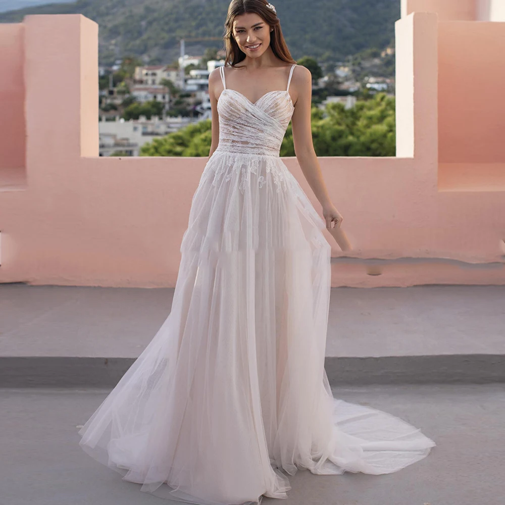 Elegante gola querida sem mangas vestido de casamento tule a linha de renda apliques cintas de espaguete vestido de noiva vestidos de novia