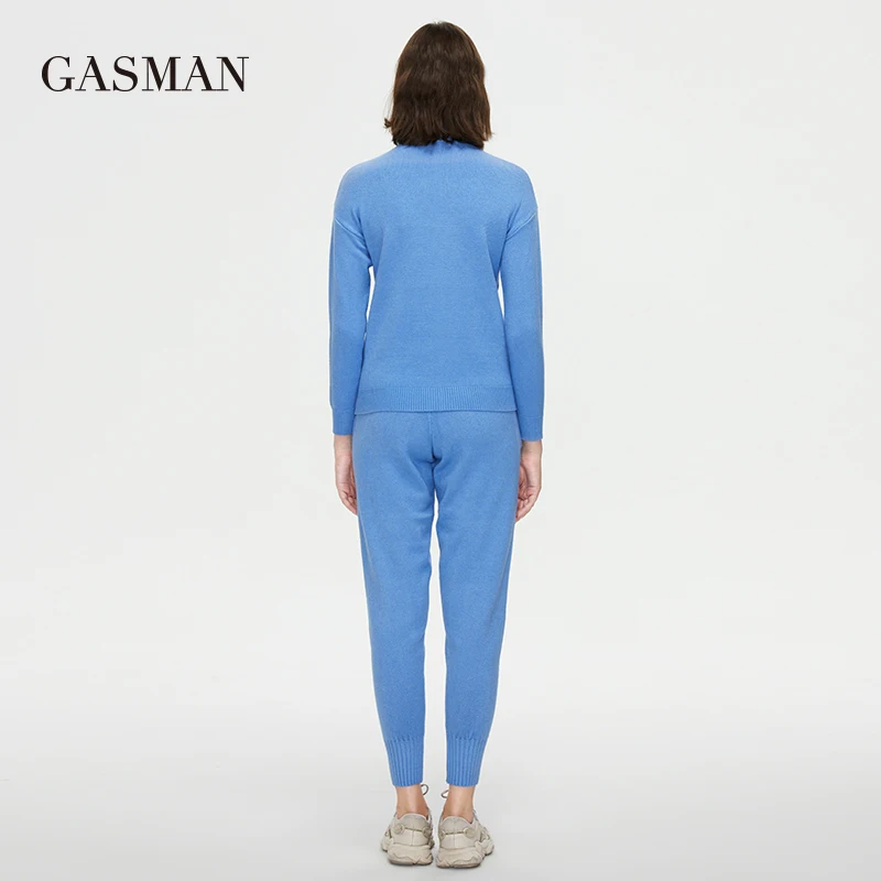 GASMAN 2022ชุดฤดูใบไม้ร่วงเสื้อคอเต่าถักกางเกง Blue Warm 2ชิ้นชุดสำหรับแฟชั่นผู้หญิง Tracksuit GT005-1