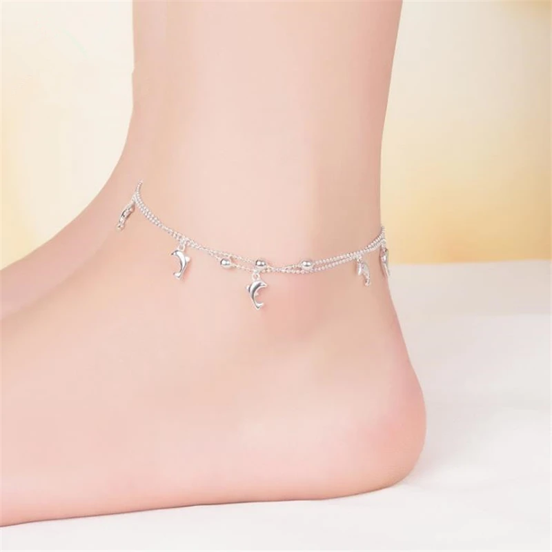 KOFSAC New Fashion 925 Sterling Silver Anklets For Women Cute Dolphin Ankles Chain Jewelry Female Summer Beach Party Accessories