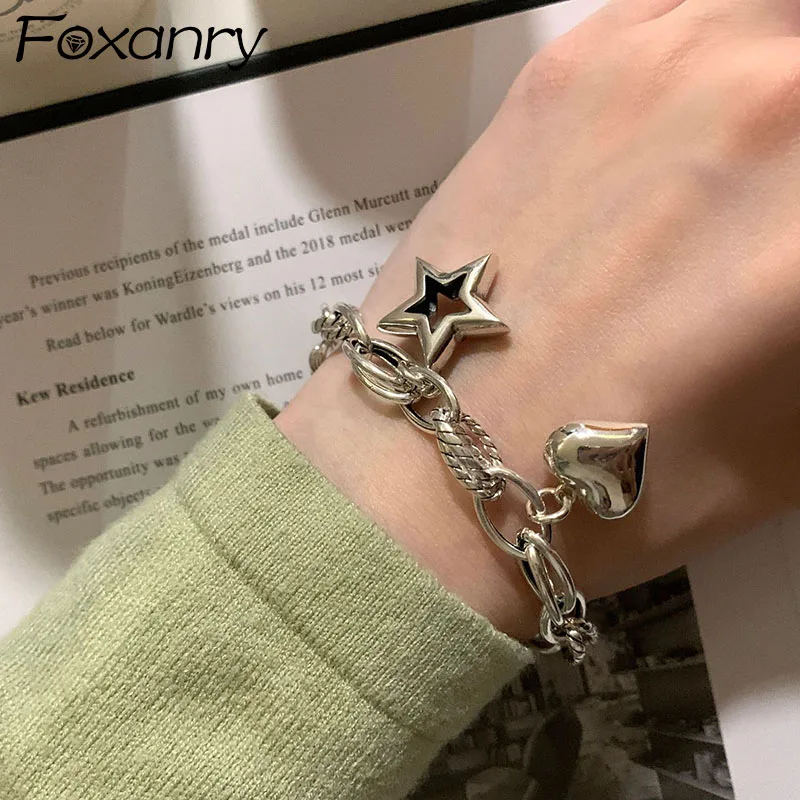 Foxanry Silver Color Thick Chain Bracelets for Women Trendy Punk Vintage Charm Sweet Love Heart Star Party Jewelry Gifts