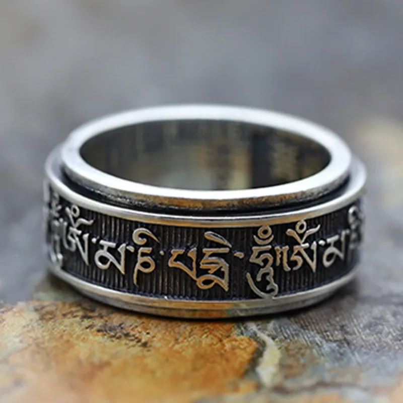 BOCAI New Real S925 Sterling Silver Vintage Bodhi Verse Six-Character Mantra Good Luck Personal Protection Men Ring