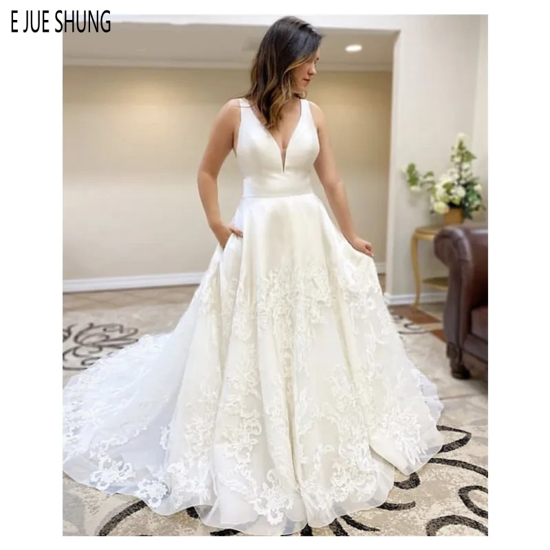 

E JUE SHUNG Simple Backless Wedding Dresses Deep V Neck Lace Appliques With Pockets A Line Wedding Gowns Vestido de noiva