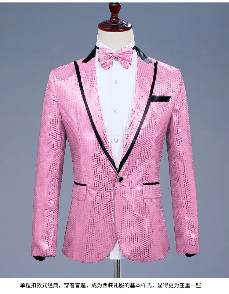 

Pink Sequin One Button Dress Blazers 2022 Brand New Nightclub Prom Men Suit Jacket Wedding Stage Singer Costume (Bowtie Include)