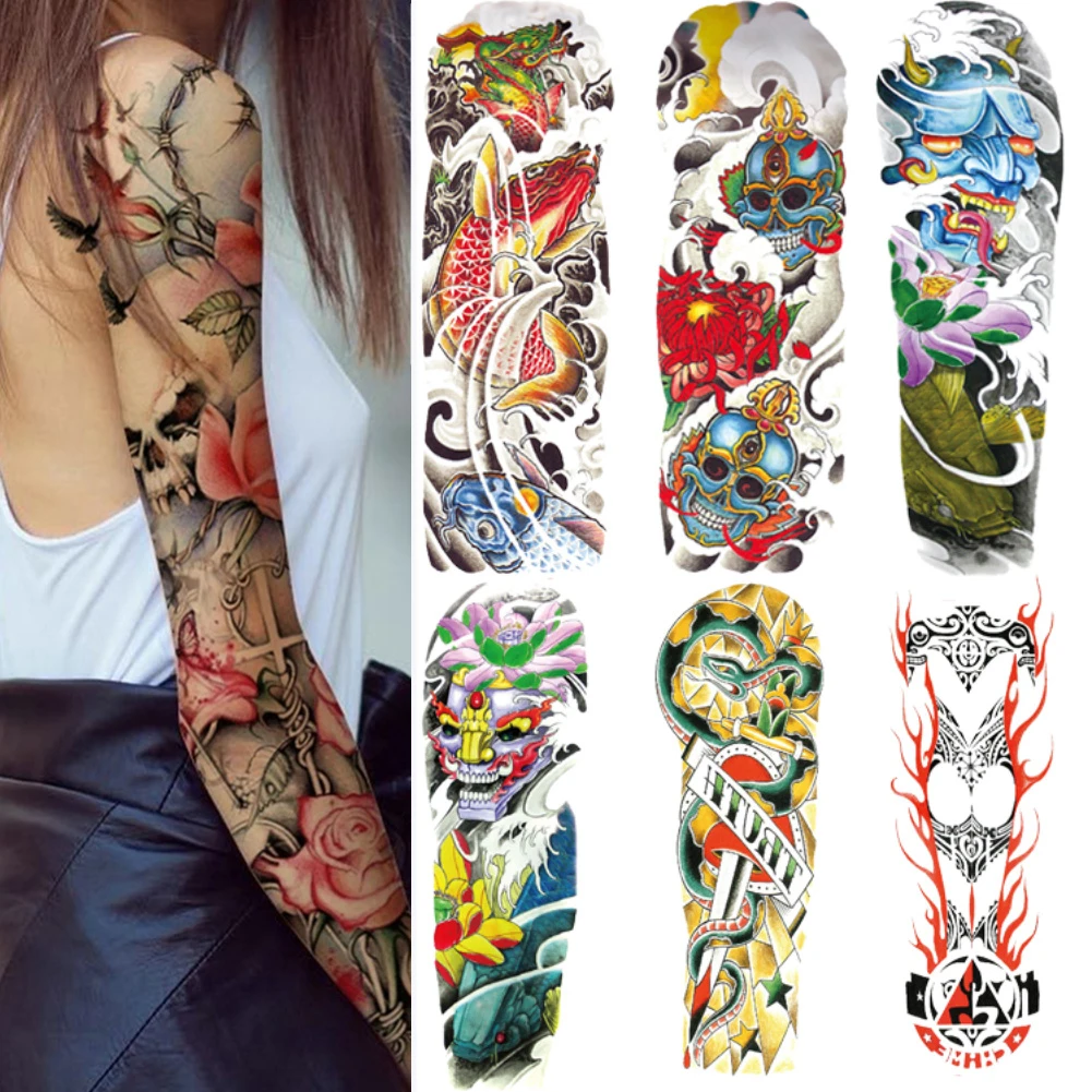 Tatouages Temporaires Manches pour Hommes et Femmes, Faux hypothécaire os Réalistes, Autocollant Coloré, Bras Complet, Discutant Dragon Fleur