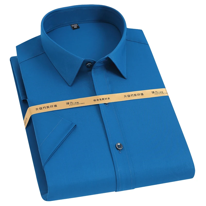 Camicie estive in fibra di bambù elasticizzate leggere da uomo a maniche corte senza tasca camicia elegante di base solida da lavoro formale dalla