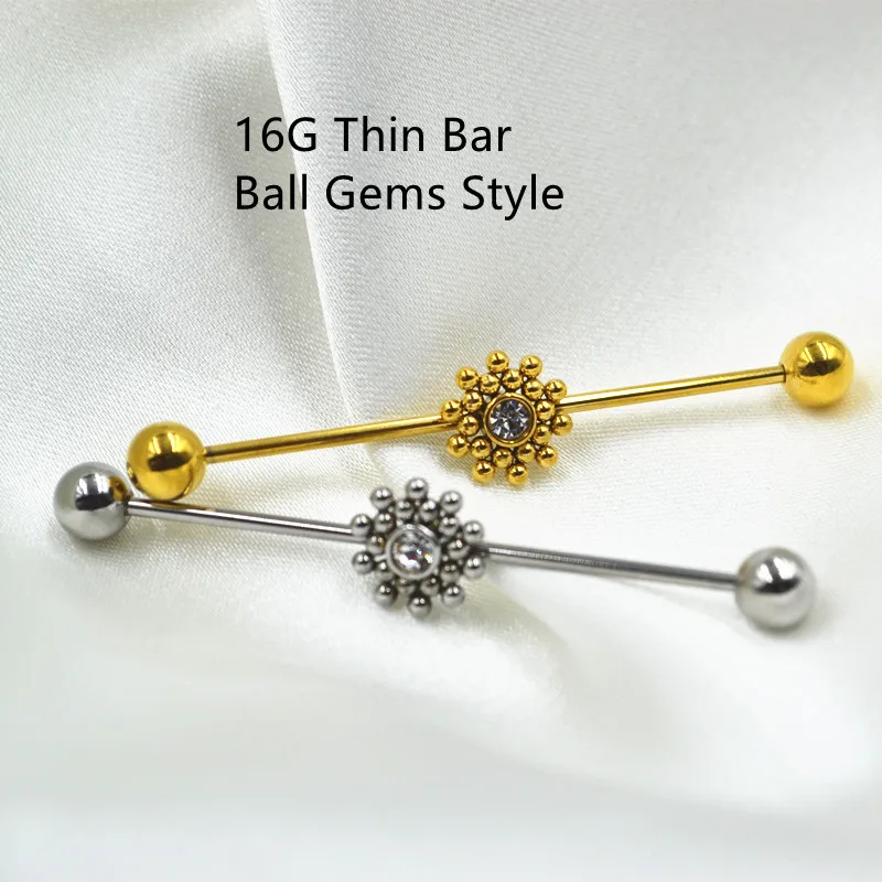 

Lot50pcs Thin bar 16g~1.2mm Flowers Ball Gems Industrial Long Bar Ear Scaffold Barbells Upper Earring Body Jewelry Ear Piercing