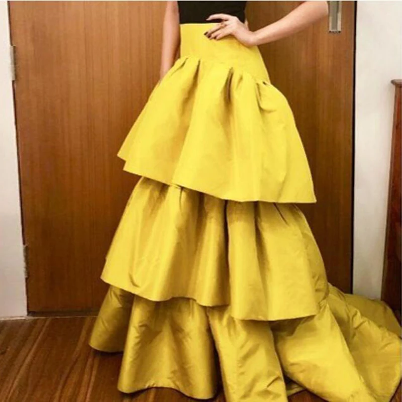 

Vintage Gold Satin Multi-layer Ruffles Floor Length Long Maxi Skirt Custom Made 2020 Zipper Style Long Formal Party Women Skirts