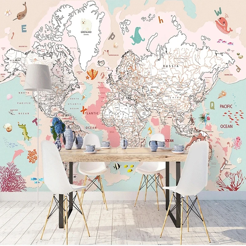 Photo Wallpaper Nordic Hand-painted Pink Animal Map Mural Wall Cloth study Children Boy Bedroom Backdrop Wall Covering Wallpaper