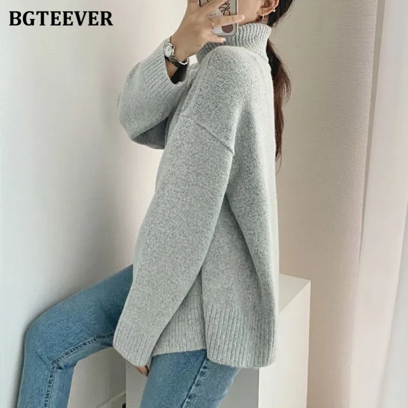 BGTEEVER Elegant Solid Turtleneck Sweaters for Women Casual Long Sleeve Front Split Female Knitted Pullovers 2021 Autumn Winter