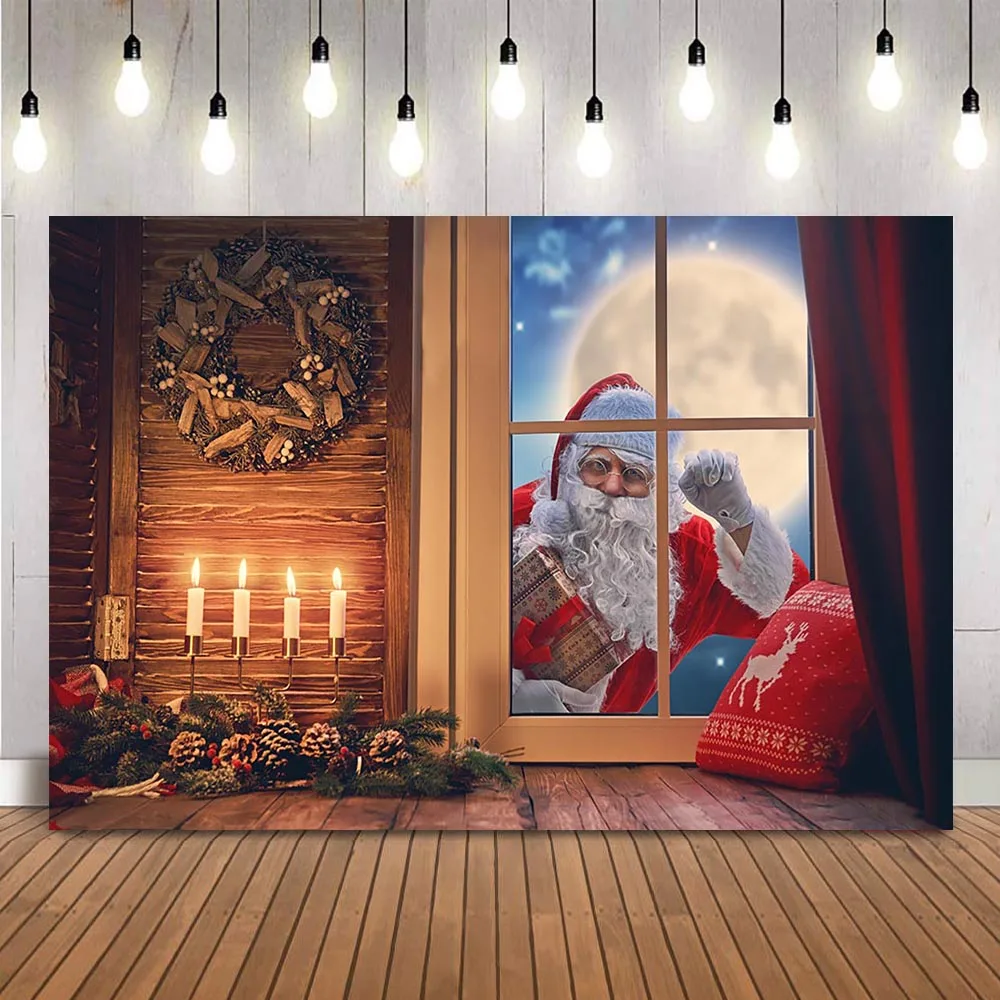 Merry Christmas Santa Claus Windows Photography backdrop red curtrain children background for photo studio candles moon night